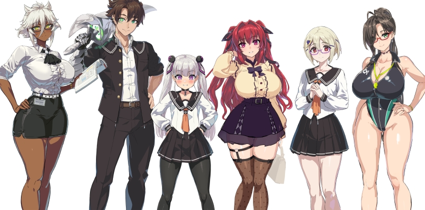 1boy 5girls absurdres ahoge blonde_hair breasts brown_hair glasses green_eyes hair_ornament hasegawa_chisato highres huge_breasts large_breasts multiple_girls naruse_maria naruse_mio ookuma_nekosuke purple_eyes red_eyes red_hair school_uniform serafuku shinmai_maou_no_testament small_breasts swimsuit sword tachibana_nanao thighhighs toujou_basara twintails weapon whistle white_hair yellow_eyes zest