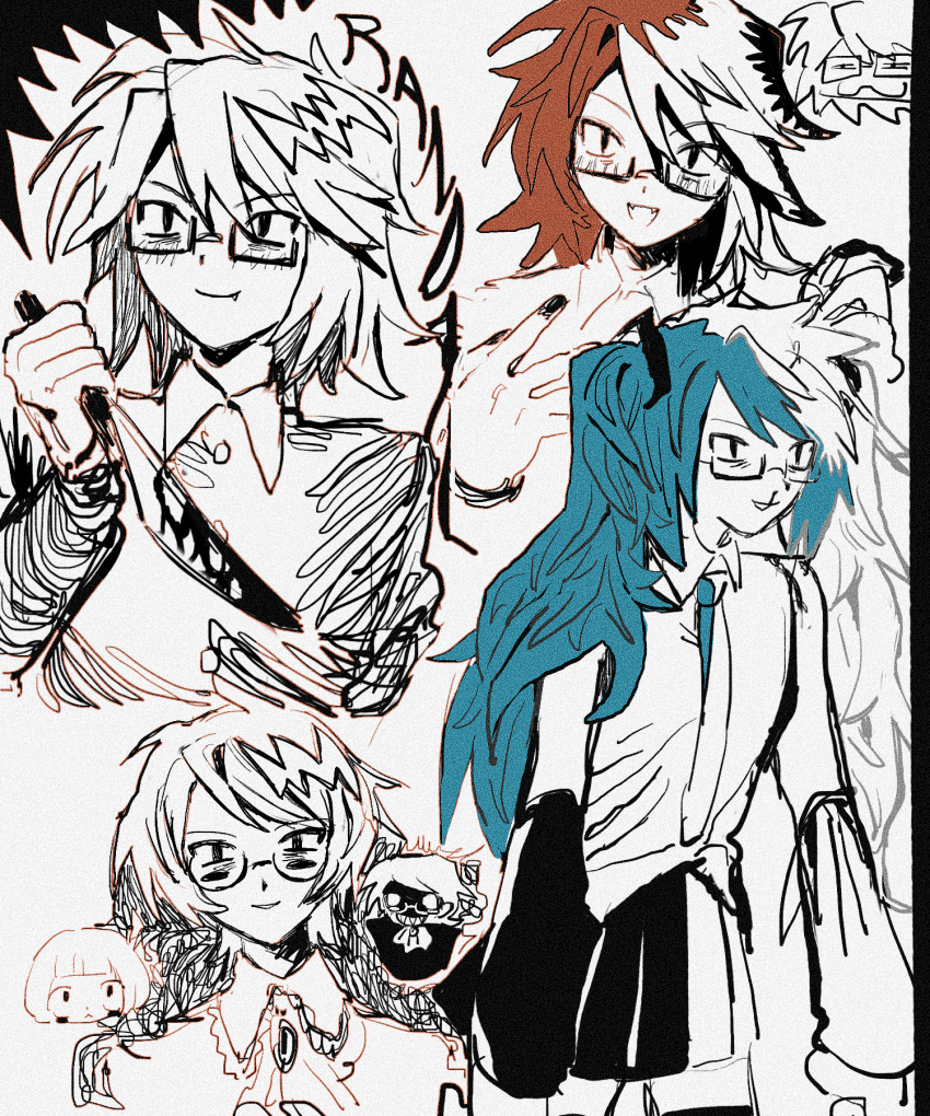 2boys blood bloody_knife blue_hair commentary_request cosplay crossdressing detached_sleeves fang fang_out glasses hatsune_miku hatsune_miku_(cosplay) highres holding holding_knife knife long_hair luther_von_ivory male_focus multiple_boys multiple_views nosebleed orange_hair randal&#039;s_friends randal_ivory shirt short_hair skirt sleeveless sleeveless_shirt tami_tome_mo twintails vocaloid
