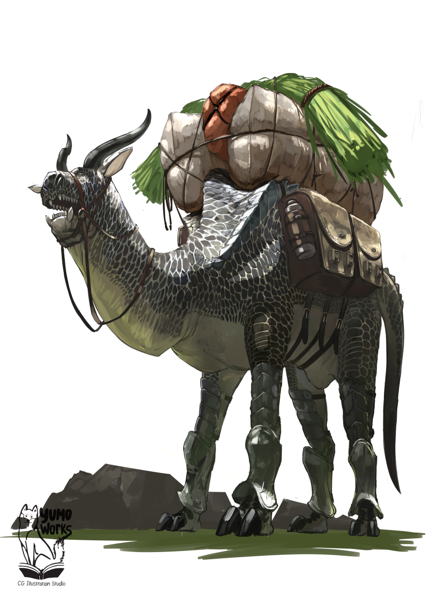 absurdres carrying dragon highres horns leg_armor looking_to_the_side monster monster_focus open_mouth original sharp_teeth standing tagme tail teeth white_background yumo80295386