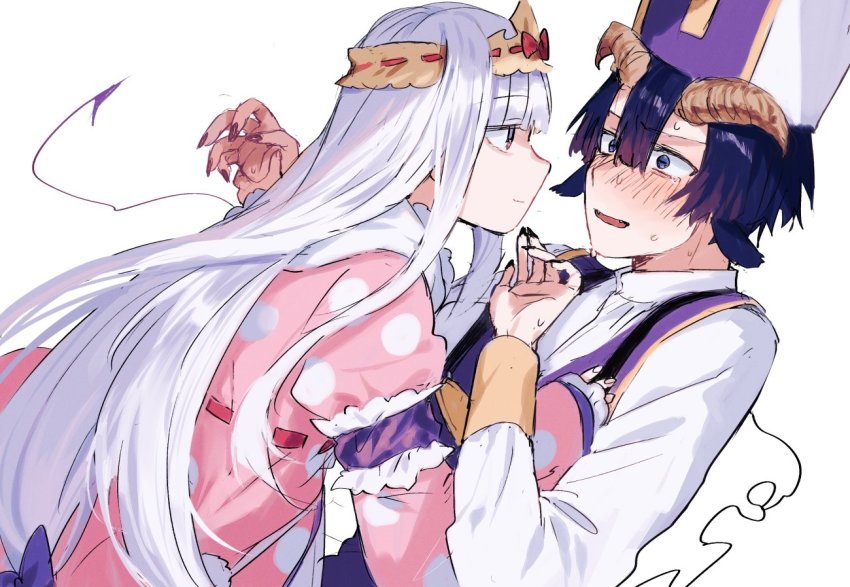 1boy 1girl animal_ears aurora_sya_lis_kaymin black_nails blue_eyes blue_hair blush commentary_request demon_cleric demon_tail dress eye_contact fingernails goat_ears goat_horns hand_on_another&#039;s_chest hat hetero horns long_fingernails long_hair looking_at_another maou-jou_de_oyasumi moegi0926 nail_polish open_mouth purple_hair short_hair sweat tail white_background