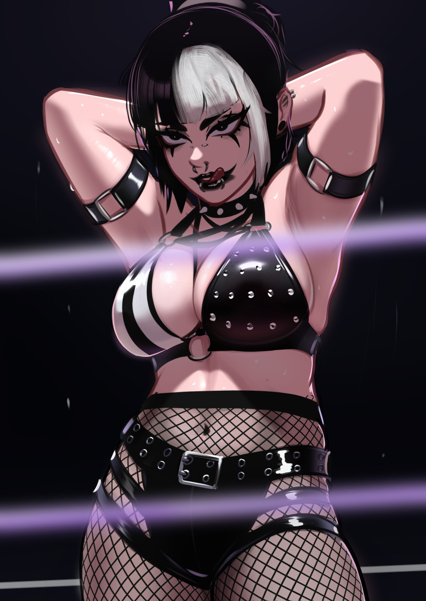 1girl absurdres arm_belt armpits arms_behind_back arms_up belly black_eyes black_hair black_lips black_shorts blunt_bangs breasts chest_harness cleavage collar contrapposto eyeliner face_piercing fishnet_pantyhose fishnets flying_sweatdrops harness highres large_breasts leather_shorts licking_lips lip_piercing makeup mika_(veyonis) multicolored_hair navel nose_piercing o-ring o-ring_top original pantyhose piercing shorts skindentation solo spiked_collar spikes sweat thighs toned toned_female tongue tongue_out two-tone_hair tying_hair veyonis wrestling wrestling_outfit wrestling_ring