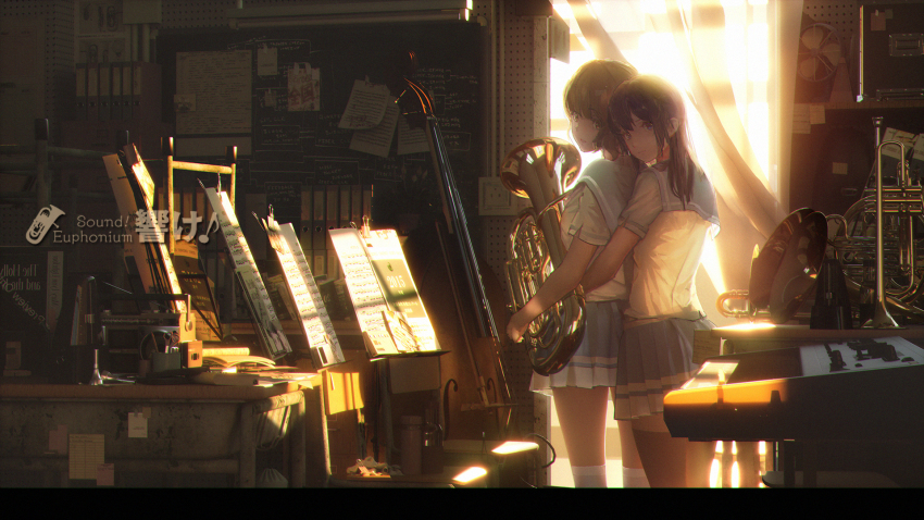 2girls black_hair black_legwear breast_press brown_eyes brown_hair cello classroom euphonium fen_bang_laoda hibike!_euphonium highres hug hug_from_behind instrument keyboard_(instrument) kitauji_high_school_uniform kousaka_reina long_hair long_sleeves looking_at_viewer miniskirt multiple_girls music_stand musical_note musical_note_print neckerchief oumae_kumiko purple_eyes school_uniform short_hair skirt sunlight trumpet user_pkep7538 white_legwear window yuri