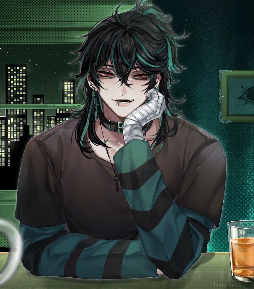 1boy artist_name bandaged_hand bandages black_collar black_hair black_shirt black_sleeves collar face_piercing glass green_sleeves green_streaks highres indoors ivutyozo layered_sleeves lip_piercing long_hair long_sleeves looking_at_viewer male_focus multicolored_hair piercing pink_eyes shirt short_over_long_sleeves short_sleeves solivan_brugmansia solo streaked_hair striped_sleeves the_kid_at_the_back two-tone_sleeves upper_body