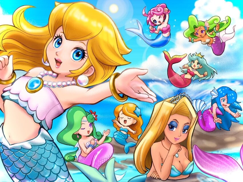 6+girls aqua_hair aqualea_(wario&#039;s_woods) bikini blonde_hair blue_hair bracelet breasts cleavage company_connection crossover densetsu_no_stafy donkey_kong_(series) donkey_kong_64 eyeshadow fins green_hair head_fins jewelry makeup mario_(series) meidou_(wario&#039;s_woods) mermaid mermaid_(donkey_kong_64) mermaid_(link&#039;s_awakening) mermaid_(starfy) mermaid_peach monster_girl multiple_crossover multiple_girls nathia_(panel_de_pon) necklace neris_(panel_de_pon) nintendo ocean panel_de_pon pink_hair princess_peach princess_peach:_showtime! rock shell shell_bikini suruga_kanade the_legend_of_zelda the_legend_of_zelda:_link&#039;s_awakening trait_connection wario&#039;s_woods water waves