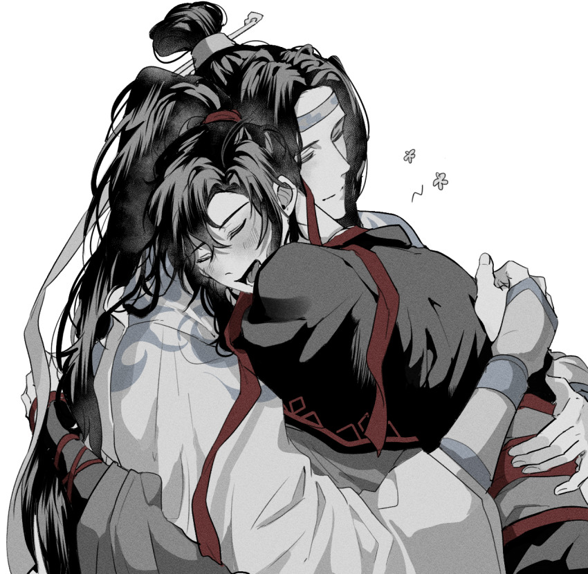 2boys black_hair black_hanfu blush chinese_clothes closed_eyes closed_mouth couple greyscale hair_ribbon hanfu headband highres hug lan_wangji long_hair long_sleeves male_focus modao_zushi monochrome multiple_boys open_mouth ponytail red_ribbon ribbon robe ronpu_cooing sidelocks simple_background sleeves_past_wrists smile spot_color topknot upper_body wei_wuxian white_background white_hanfu white_headband wide_sleeves xiao_guan_(headdress) yaoi