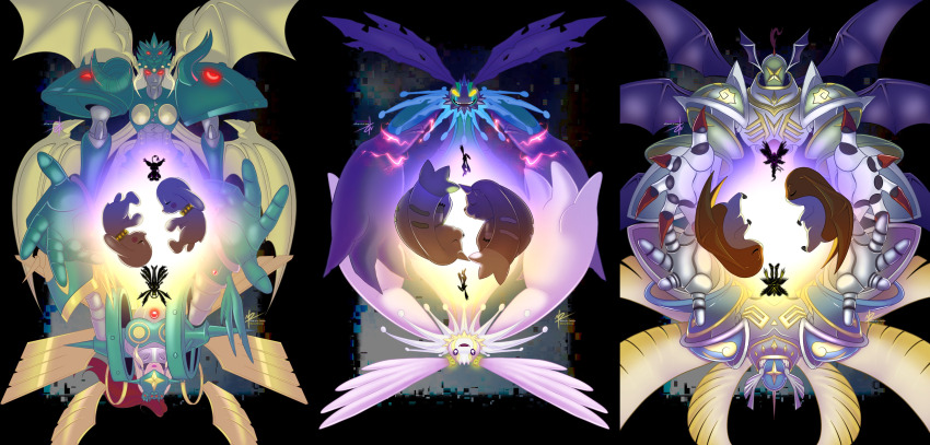 absurdres andiramon andiramon_(deva) angel angel_boy angel_girl angemon angewomon armor blackseraphimon cherubimon cherubimon_(vice) cherubimon_(virtue) claws digimon digimon_(creature) fallen_angel glowing glowing_eyes highres holy_ring holyangemon horns looking_at_viewer looking_to_the_side lopmon mask ofanimon ofanimon_falldown_mode patamon plotmon red_eyes seraphimon tailmon terriermon wings yellow_eyes