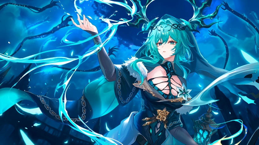 1girl black_horns breasts chinese_commentary commentary_request dress duet_night_abyss fingernails green_dress green_eyes green_hair green_veil hair_intakes hand_up highres horns lady_nifle_(duet_night_abyss) lantern large_breasts long_hair looking_at_viewer mole mole_under_mouth parted_lips pink_pupils solo upper_body vardan veil