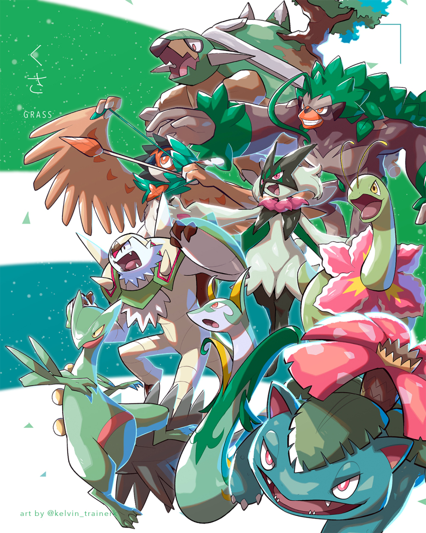 aiming arrow_(projectile) black_eyes brown_eyes chesnaught closed_mouth colored_sclera decidueye fangs gen_1_pokemon gen_2_pokemon gen_3_pokemon gen_4_pokemon gen_5_pokemon gen_6_pokemon gen_7_pokemon gen_8_pokemon half-closed_eyes hands_up highres kelvin-trainerk meganium meowscarada nintendo open_mouth pokemon red_eyes rillaboom sceptile serperior smile teeth tongue torterra v-shaped_eyebrows venusaur yellow_eyes yellow_sclera