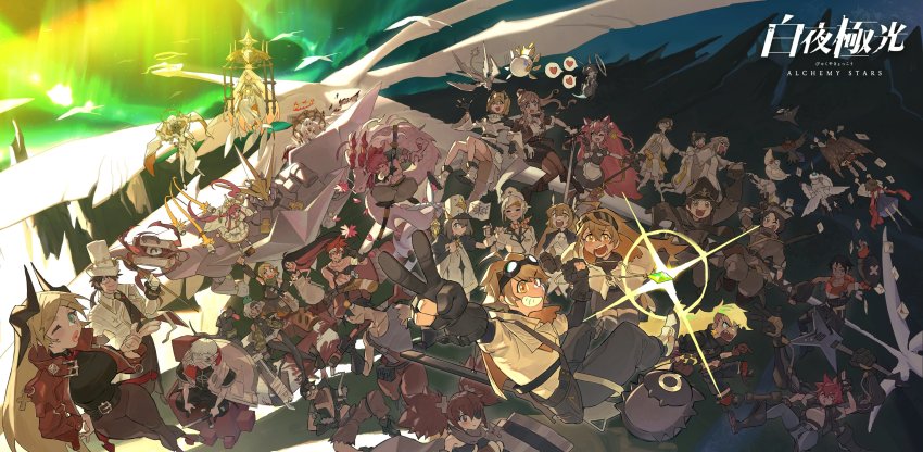6+boys 6+girls absurdres ahoge alchemy_stars angel_(alchemy_stars) aurora bandage_over_one_eye bandages bandaid bandaid_on_face bird black_dog black_gloves black_hair blonde_hair blue_eyes breasts brechpai brock_(alchemy_stars) brown_hair burnt_clothes cherry_blossoms chicken closed_mouth colored_inner_hair copyright_name crossed_arms crossed_legs dian_(alchemy_stars) dog dragon dragon_tail dress earrings eastern_dragon eve_(alchemy_stars) explosive eyepatch faust_(alchemy_stars) fingerless_gloves fire flag flying franz_(alchemy_stars) gabriel_(alchemy_stars) glasses gloves goggles goggles_on_head grenade grey_hair guitar hair_between_eyes hair_over_one_eye halo hat heart highres hiiro_(alchemy_stars) instrument jewelry joanie_boom_(alchemy_stars) jona_(alchemy_stars) kafka_(alchemy_stars) kara_(alchemy_stars) katana large_breasts logo long_hair mail mecha mechanical_arms michael_(alchemy_stars) microphone missile ms._blanc_(alchemy_stars) multicolored_hair multiple_boys multiple_girls nadine_(alchemy_stars) nails_(alchemy_stars) navigator_(alchemy_stars) necklace niel_(alchemy_stars) nose_bubble official_art one_eye_closed open_mouth oversized_object pantyhose pepi_(alchemy_stars) pierre_(alchemy_stars) pink_hair ponytail puckered_lips raphael_(alchemy_stars) red_eyes red_hair regina_(alchemy_stars) robot sarashi sheath short_twintails sinsa_(alchemy_stars) sleeping smile soroz_(alchemy_stars) speech_bubble suitcase sword tail tiny_one_(alchemy_stars) torn_clothes twintails uriel_(alchemy_stars) v very_long_hair vice_(alchemy_stars) victoria_(alchemy_stars) vivian_(alchemy_stars) weapon wendy_(alchemy_stars) white_dress white_hair white_headwear wings wrench yellow_eyes