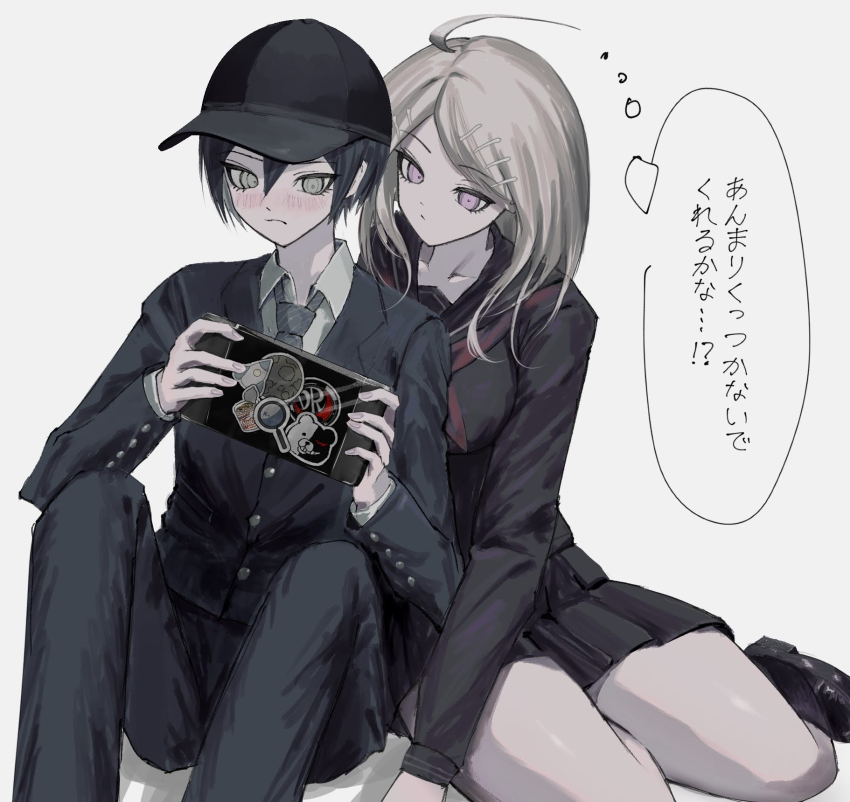 1boy 1girl ahoge akamatsu_kaede black_hat black_jacket black_pants black_shirt black_skirt blonde_hair danganronpa_(series) danganronpa_v3:_killing_harmony feet_out_of_frame hair_ornament hairclip handheld_game_console hat highres holding holding_handheld_game_console jacket long_hair miniskirt monokuma necktie official_alternate_costume pants saihara_shuichi school_uniform shirt sitting skirt speech_bubble striped_necktie sukizukiko thought_bubble translation_request