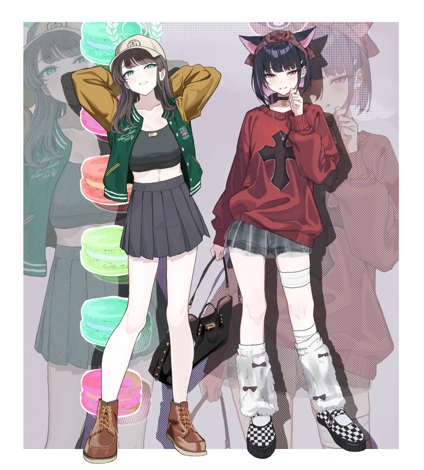 2girls :d absurdres airi_(blue_archive) alternate_costume animal_ears aqua_halo arms_behind_head black_choker black_hair black_skirt blue_archive blunt_bangs blunt_ends blush bob_cut boots border brown_boots brown_hair casual cat_ears cat_girl choker clenched_hand collarbone colored_inner_animal_ears colored_inner_hair commentary crop_top cross cross_print denim denim_shorts drop_shadow ears_through_headwear extra_ears eyelashes food full_body green_eyes green_halo grey_background grey_hat grin halo hand_up hat headscarf highres jewelry kazusa_(blue_archive) lace-up_boots long_hair looking_at_viewer loose_socks macaron midriff miniskirt multicolored_hair multiple_girls navel necklace open_mouth outside_border peaked_cap pink_hair pink_halo pleated_skirt print_sweater red_eyes red_sweater short_hair short_shorts shorts side-by-side signallerc simple_background skirt smile socks standing sweater tsurime two-tone_hair white_border zoom_layer