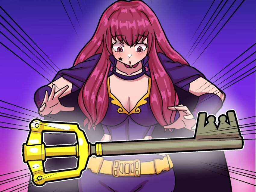 1girl bodysuit breasts choker cleavage clothing_cutout facial_mark fire_emblem fire_emblem_engage gold_belt hair_ornament keyblade large_breasts long_hair mnejing30 nintendo pink_choker purple_bodysuit red_eyes red_hair side_cutout solo star_(symbol) star_facial_mark star_hair_ornament yunaka_(fire_emblem)