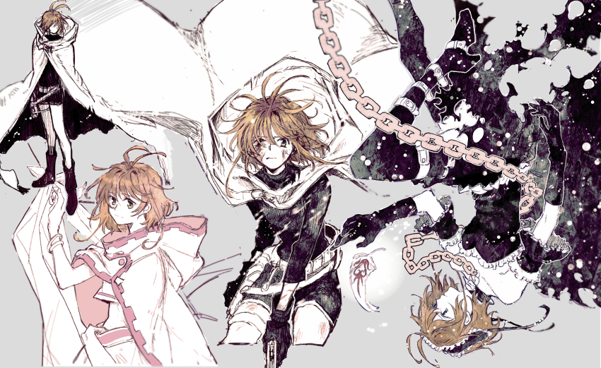 antenna_hair black_dress black_footwear black_gloves black_shirt black_shorts black_sleeves boots bracelet brown_hair bruise bruise_on_face cape cardcaptor_sakura chain clamp_(circle)_(style) closed_mouth coat detached_sleeves dress feathers floating_hair frilled_dress frilled_sleeves frills gloves green_eyes grey_background gun hair_intakes highres holding holding_gun holding_weapon hooded injury jewelry koyomania long_hair long_sleeves looking_at_viewer sakura_hime shirt short_shorts short_sleeves shorts sketch strapless strapless_dress thigh_boots torn_clothes torn_dress weapon white_cape white_coat