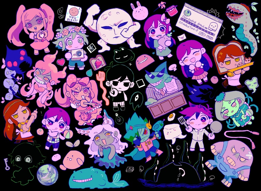 ! 6+boys 6+girls abbi_(omori) alternate_color antenna_hair apple aubrey_(headspace)_(omori) aubrey_(omori) ball barefoot basil_(headspace)_(omori) basil_(omori) biscuit_(omori) black_eyes black_hair black_socks black_tank_top blue_overalls blush boss_(omori) bow brown_eyes brown_hair camera captain_spaceboy cat chibi chibi_only closed_eyes closed_mouth doughie_(omori) download_window_(omori) earth_(planet) expressionless flail flower food forest_bunny_(omori) fried_egg fruit frying_pan green_eyes green_hair grin hair_bow head_wreath heart heart_hands hero_(headspace)_(omori) hero_(omori) highres holding holding_ball holding_bun holding_camera holding_flail holding_frying_pan holding_knife holding_rolling_pin holding_spatula holding_stuffed_toy humphrey_(omori) jar kel_(headspace)_(omori) kel_(omori) key kid&#039;s_kite_(omori) king_carnivore_(omori) king_crawler_(omori) knife light_bulb long_hair long_sleeves looking_at_viewer mari_(headspace)_(omori) mari_(omori) marina_(omori) medusa_(omori) mewo milkymilkyshark molly_(omori) mr._jawsum mr._plantegg_(omori) multiple_boys multiple_girls neckerchief necktie omori omori_(omori) one_eye_closed open_mouth overalls pajamas parted_lips perfectheart_(omori) pet_rock photo_(object) pink_bow pink_eyes pink_hair pinwheel planet pleated_skirt pluto_(omori) polka_dot polka_dot_bow purple_eyes purple_hair purple_shorts purple_sweater_vest red_eyes red_neckerchief red_necktie red_skirt rolling_pin sesame_(omori) sharp_teeth short_hair shorts skirt slice_(omori) smile snaley_(omori) socks something_(omori) spatula sprout_mole stranger_(omori) stuffed_eggplant stuffed_toy sweater_vest sweetheart_(omori) tank_top teeth tentacle_hair toast_ghost_(omori) tongue tongue_out twintails upper_teeth_only weapon white_hair white_shorts