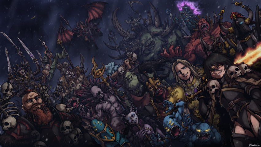 2girls 6+boys 6+others :d absurdres archaon_the_everchosen armor artist_name beard black_cape black_hair blonde_hair blue_eyes brown_hair cape chaos_(warhammer) character_request dagger dechala_the_denied_one demon demon_horns demon_tail demon_wings dual_wielding epidemius ethrac_glott evil_grin evil_smile extra_arms facial_hair fake_horns festus_the_leechlord fingernails fire flaming_sword flaming_weapon flying full_armor full_body genderswap genderswap_(mtf) ghurek_glott grin hellcross_(dkrejd2000) helmet highres holding holding_dagger holding_knife holding_scythe holding_staff holding_sword holding_weapon horned_helmet horns knife long_beard long_hair lord_mortkin mask monster multiple_boys multiple_girls multiple_others night night_sky no_eyes open_mouth otto_glott outdoors pauldrons pelvic_curtain scyla_anfingrimm scythe sharp_fingernails sharp_teeth shoulder_armor sigvald_the_magnificent skarr_bloodwrath skull skull_ornament sky slaanesh_(symbol) smile staff sword tail teeth the_blue_scribes the_changeling_(warhammer) the_masque_of_slaanesh throgg_the_troll_king valkia_the_bloody vilitch_the_curseling warhammer_fantasy weapon wings wulfrik_the_wanderer yellow_eyes