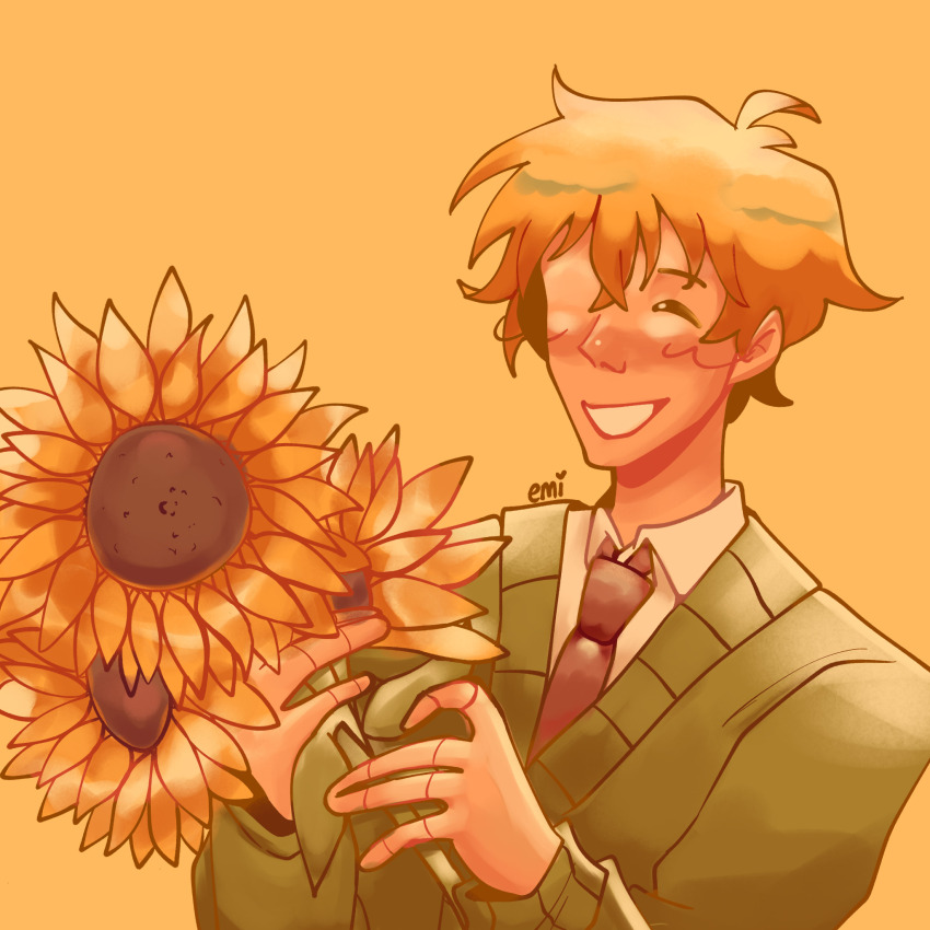 1boy birthday blonde_hair closed_eyes emisnt flower happy_birthday highres holding holding_flower leaves male_focus necktie offering red_necktie shima_sousuke skip_to_loafer smile sunflower sweatdrop sweater sweater_vest yellow_background