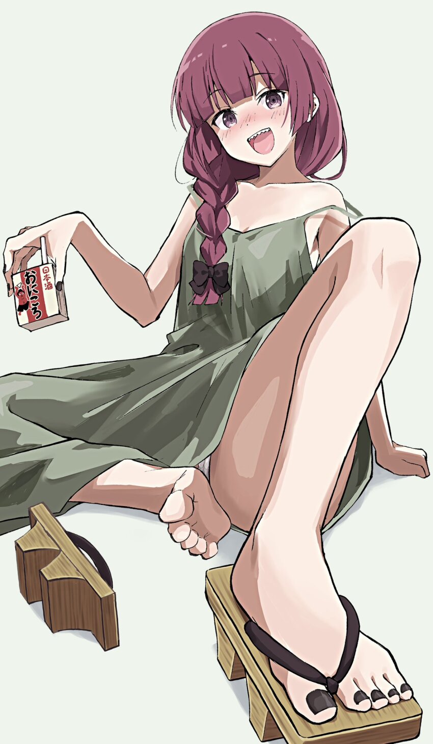 1girl :d alcohol_carton arm_support as_buppa bare_shoulders barefoot black_bow black_nails blunt_bangs bocchi_the_rock! bow braid braided_ponytail breasts cleavage dorsiflexion dress feet foot_focus foreshortening full_body geta green_background green_dress hair_bow hair_over_shoulder highres hiroi_kikuri holding holding_carton knee_up legs long_hair looking_at_viewer nail_polish on_ground open_mouth panties purple_eyes purple_hair sandals sharp_teeth simple_background single_sandal sitting small_breasts smile solo strap_slip teeth thighs toenail_polish toenails toes underwear white_panties