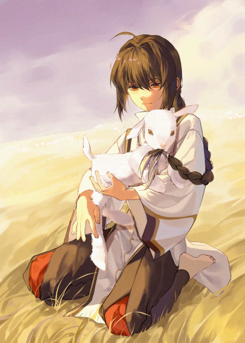 1other absurdres ahoge androgynous animal black_hair black_hakama braid braided_ponytail buyaozaoqi eating_hair fate/grand_order fate/samurai_remnant fate_(series) field gradient_hair hair_in_another&#039;s_mouth hair_intakes hakama highres holding holding_animal japanese_clothes kimono lamb long_hair multicolored_hair orange_eyes red_hakama sheep sidelocks single_braid sitting sky smile solo wariza white_hair white_kimono yamato_takeru_(fate)