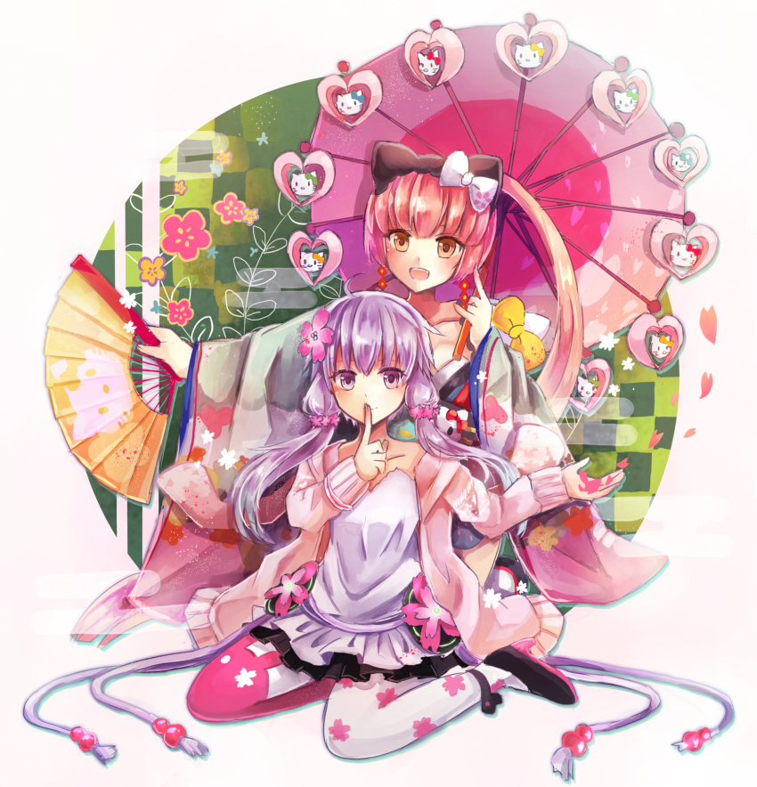 2girls :d bow brown_eyes earrings fang flower folding_fan hair_bow hair_flower hair_ornament hand_fan hello_kitty highres jewelry long_hair md5_mismatch multiple_girls nekomura_iroha nekomura_iroha_(vocaloid4) oil-paper_umbrella open_mouth pantyhose ponytail purple_eyes purple_hair red_hair sanrio short_hair_with_long_locks sitting smile suisetsu_mizuna twintails umbrella v4x very_long_hair vocaloid voiceroid yokozuwari yuzuki_yukari yuzuki_yukari_(onn) yuzuki_yukari_(vocaloid4)