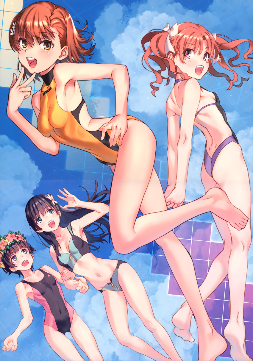 2020 20s 4girls absurdres arms_behind_back ass bare_back bare_legs bare_shoulders barefoot bikini black_hair blue_eyes bow breasts brown_eyes brown_hair cleft_of_venus collarbone competition_swimsuit day flower flower_wreath full_body gluteal_fold hair_bow hair_flower hair_ornament highres light_blush long_hair looking_at_viewer looking_back matching_hair/eyes medium_breasts misaka_mikoto multiple_girls one-piece_swimsuit open_mouth outdoors raika9 saten_ruiko scan shirai_kuroko short_hair shoulder_blades sky small_breasts smile soles standing swimsuit toaru_kagaku_no_railgun toaru_majutsu_no_index toes twintails uiharu_kazari v white_bow