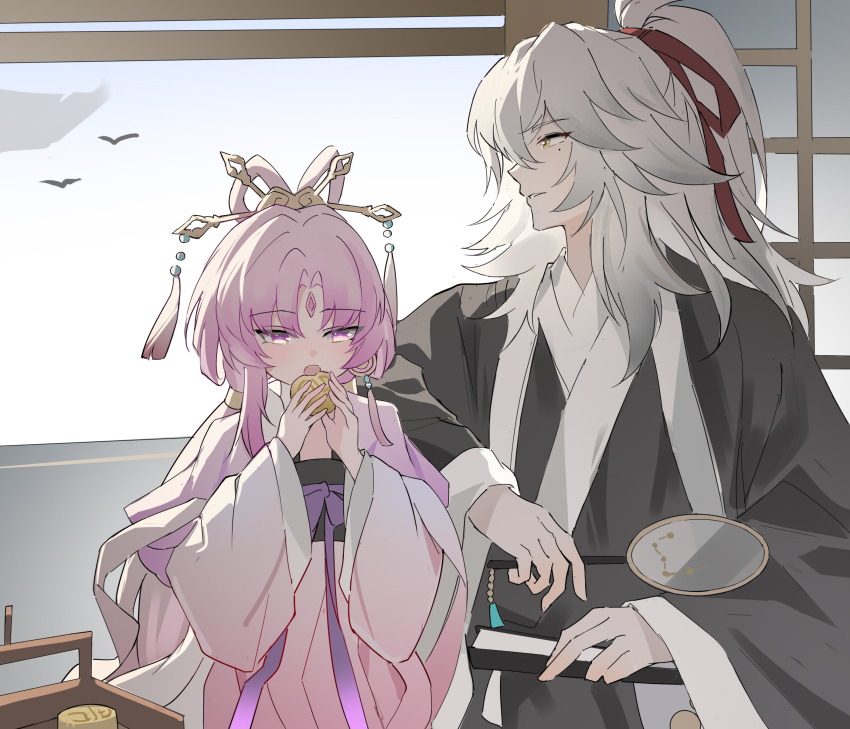 1boy 1girl absurdres blue_sky bow-shaped_hair chinese_clothes chinese_commentary commentary_request evzeva facial_mark food forehead_mark fu_xuan_(honkai:_star_rail) hair_ornament hair_ribbon hair_stick hand_fan hanfu highres holding holding_fan holding_food honkai:_star_rail honkai_(series) indoors jing_yuan long_hair long_sleeves looking_afar looking_down mooncake pink_eyes pink_hair ponytail red_ribbon ribbon sky sliding_doors wide_sleeves window yellow_eyes