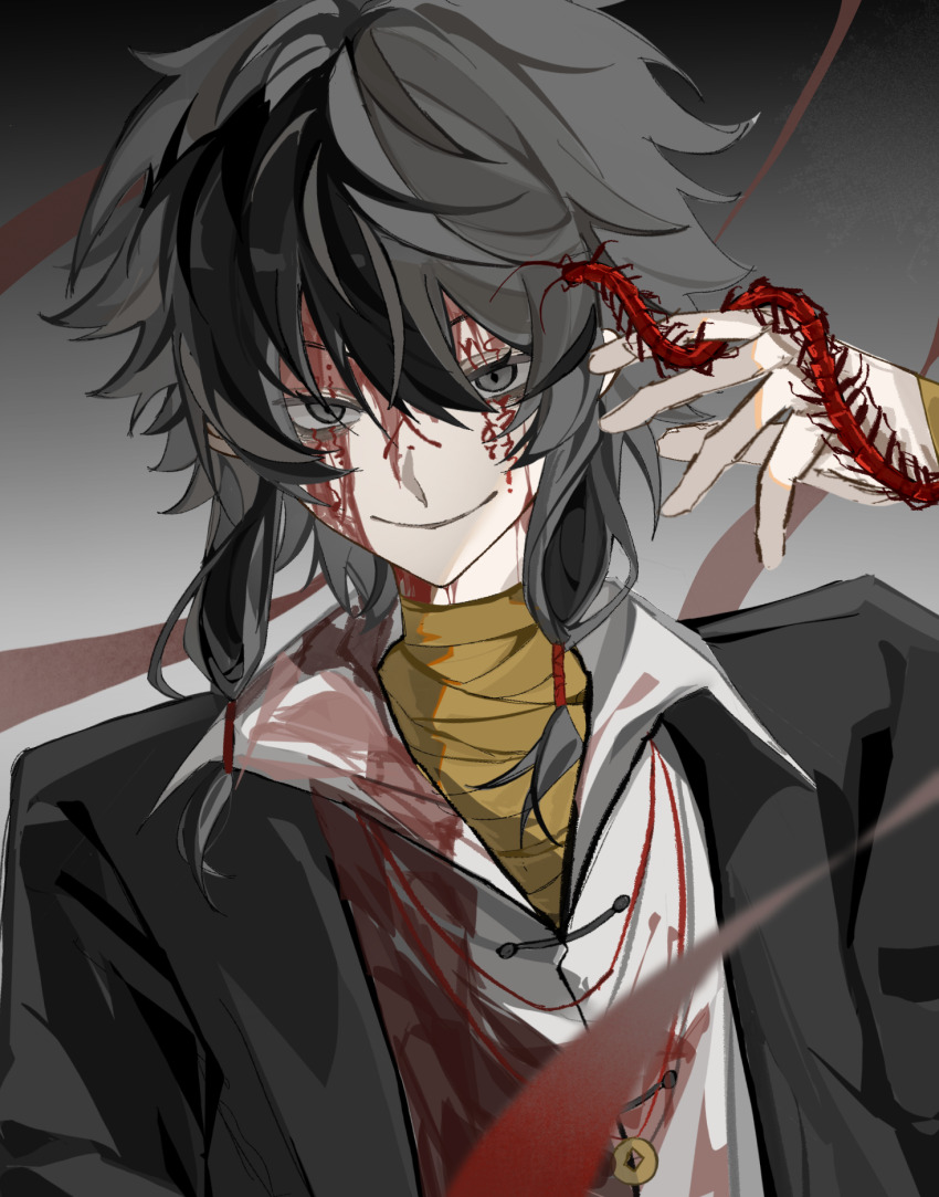 1boy bandaged_neck bandages black_hair black_jacket blood_from_forehead blood blood_on_clothes blood_on_face bug centipede chinese_commentary closed_mouth coin coin_on_string collared_shirt commentary_request facepaint highres holed_coin jacket male_focus ngshizaibide open_clothes open_jacket shirt short_hair_with_long_locks sidelocks smile solo touqi_guaitan upper_body variant_set white_shirt ziche_fuzhao
