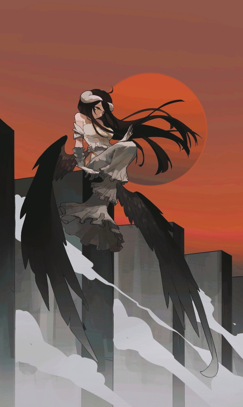 1girl albedo_(overlord) black_hair breasts cleavage commentary_request demon_girl demon_horns dress gold_necklace highres horns jewelry killingteam large_breasts long_hair necklace overlord_(maruyama) solo