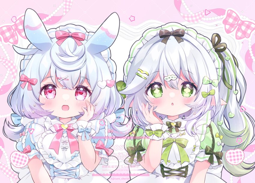 2girls :o alternate_costume animal_ears black_bow blue_bow blush bow bowtie chiika_(cure_cherish) dated dress fingernails frilled_hairband frilled_wrist_cuffs frills genshin_impact gradient_hair green_bow green_bowtie green_hair green_sleeves hair_between_eyes hair_bow hair_ornament hairband hairclip hand_on_own_face hand_up highres leaf_hair_ornament long_hair looking_at_viewer multicolored_hair multiple_girls nahida_(genshin_impact) open_mouth pink_hair pointy_ears red_bow red_bowtie red_eyes short_sleeves side_ponytail sigewinne_(genshin_impact) signature symbol-shaped_pupils upper_body white_bow white_dress white_hair white_hairband white_wrist_cuffs wrist_cuffs