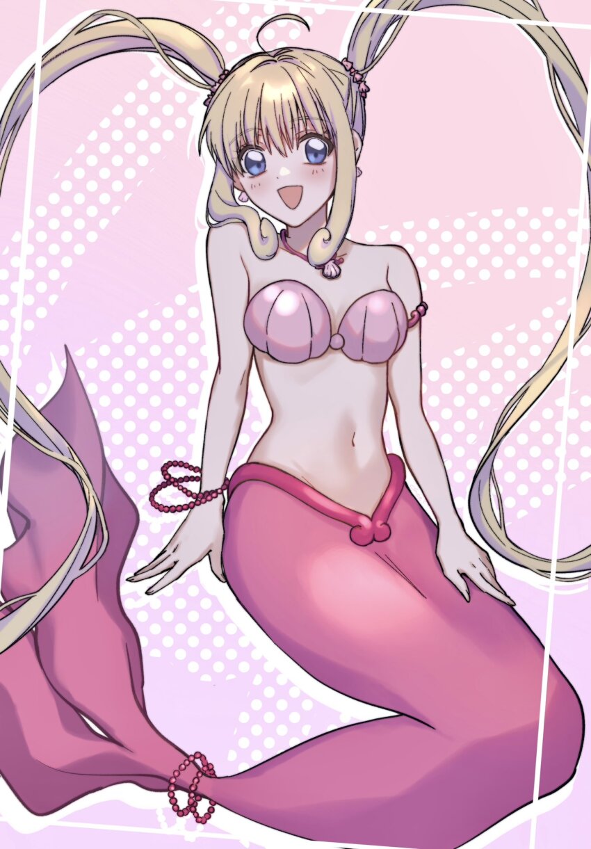 1girl :d armlet bead_tail_ornament bikini blonde_hair blue_eyes blush bracelet breasts chexx60 commentary earrings hair_ornament highres jewelry long_hair mermaid mermaid_melody_pichi_pichi_pitch monster_girl nanami_lucia nanami_lucia_(mermaid) navel necklace open_mouth pearl_bracelet seashell shell shell_bikini shell_earrings shell_necklace smile symbol-only_commentary twintails very_long_hair