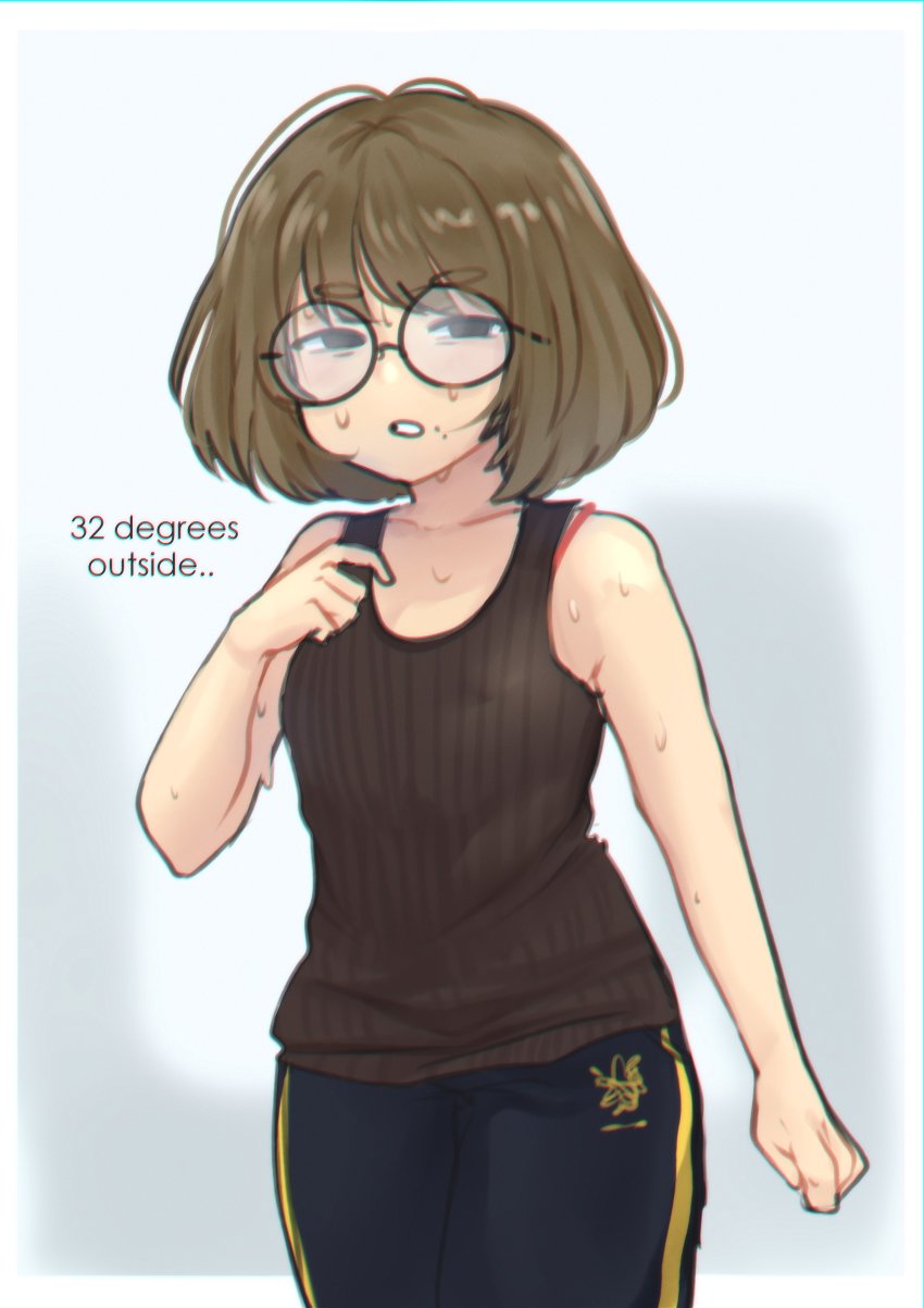 1girl absurdres artist_self-insert black_hair brown_hair collarbone commentary day glasses highres looking_at_viewer mole mole_under_mouth neqo_(neneneqo) nervous_sweating open_mouth original outdoors pants round_eyewear shirt short_hair simple_background sleeveless sleeveless_shirt solo sweat sweatpants symbol-only_commentary very_sweaty white_background