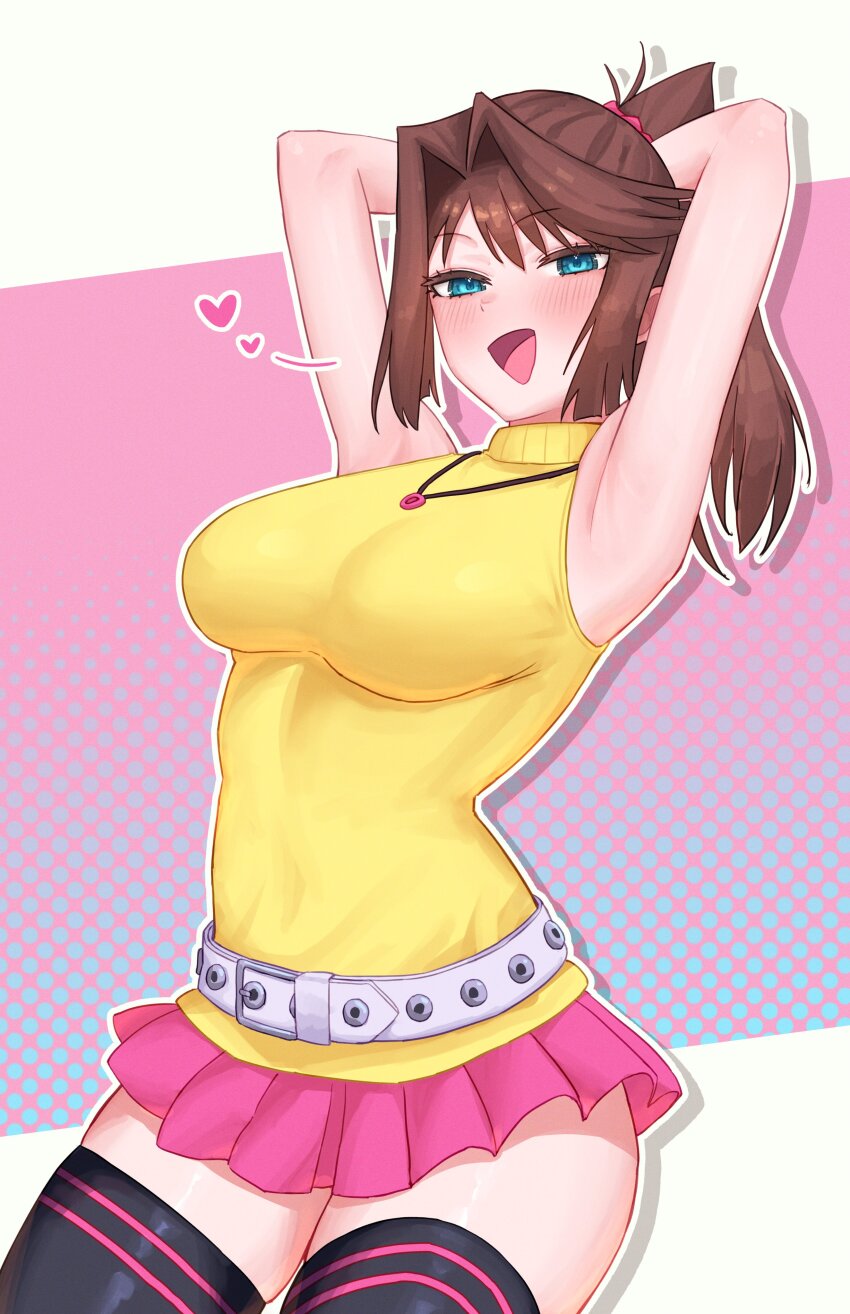 1girl absurdres armpits arms_behind_head arms_up bare_arms belt belt_buckle black_thighhighs blue_eyes blush breasts brown_hair buckle commentary cowboy_shot heart high_ponytail highres jewelry large_breasts looking_at_viewer mazaki_anzu miniskirt necklace open_mouth pink_skirt pleated_skirt ponytail shirt skirt sleeveless sleeveless_shirt solo thighhighs tight_clothes tight_shirt turnipdish turtleneck turtleneck_shirt white_belt yellow_shirt yu-gi-oh! yu-gi-oh!_the_dark_side_of_dimensions