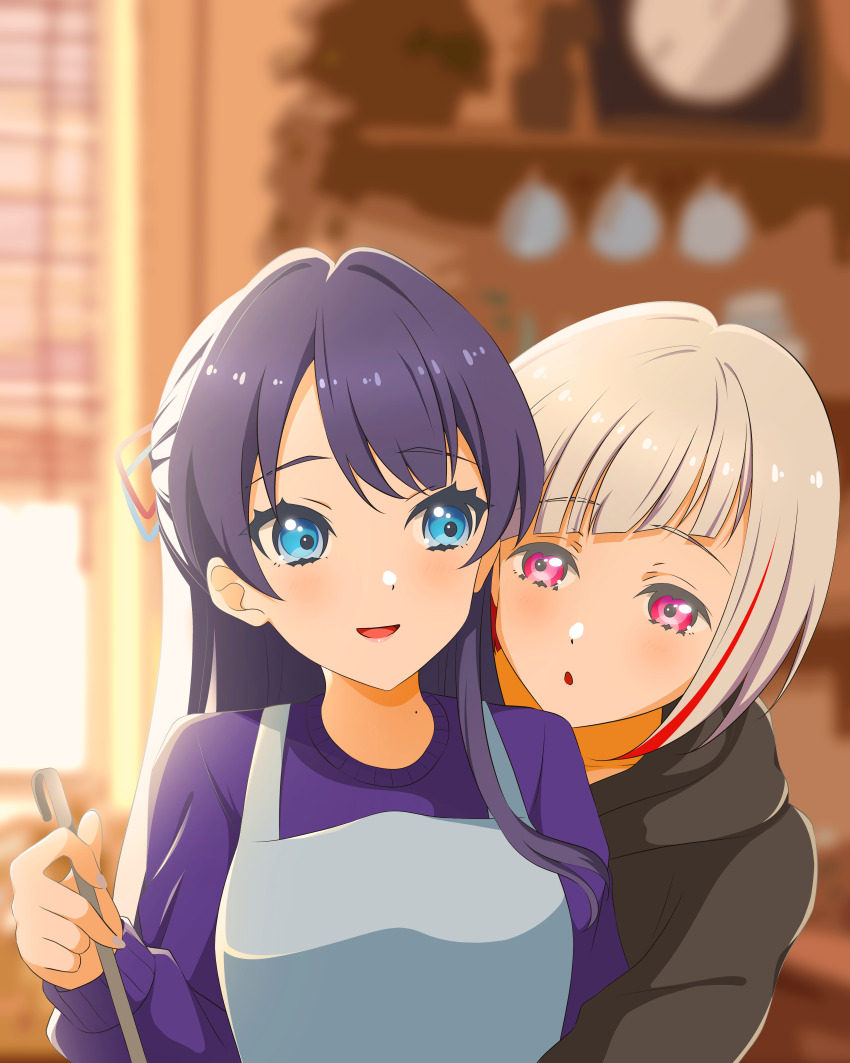 2girls :d absurdres apron black_hoodie blue_apron blue_eyes blue_hair blue_ribbon blurry blurry_background breasts colored_inner_hair commentary_request cooking diagonal_bangs dollchestra grey_hair hair_intakes hair_ribbon half_updo highres holding holding_ladle hood hood_down hoodie hug hug_from_behind indoors kujo_awenn ladle link!_like!_love_live! long_hair looking_at_another love_live! medium_breasts multicolored_hair multiple_girls murano_sayaka murano_sayaka_(summer_loungewear) open_mouth parted_lips pink_eyes purple_sweater red_hair red_ribbon ribbon short_hair smile streaked_hair sweater upper_body virtual_youtuber yugiri_tsuzuri yuri
