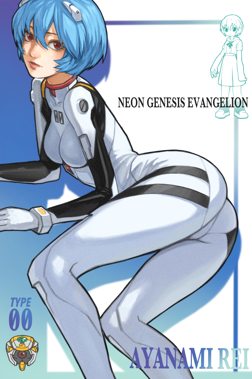 1girl absurdres ass ayanami_rei blue_hair bodysuit breasts cameltoe chibi curvy eva_00 expressionless highres interface_headset_(evangelion) looking_at_viewer lying mecha_pilot_suit neon_genesis_evangelion o10ki plugsuit_(evangelion) red_eyes short_hair white_bodysuit wide_hips