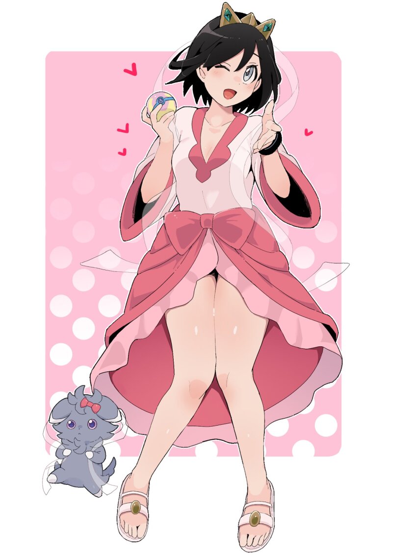 1boy ;d black_hair bow bracelet calem_(pokemon) collarbone commentary_request cosplay crossdressing espurr gen_6_pokemon grey_eyes hands_up happy heal_ball heart highres holding holding_poke_ball iris_(pokemon) iris_(pokemon)_(cosplay) jewelry knees knees_together_feet_apart male_focus medium_hair nintendo one_eye_closed open_mouth pink_bow pink_skirt poke_ball pokemon pokemon_(creature) pokemon_bw2 pokemon_xy sana_(37pisana) sandals see-through_scarf shirt skirt smile tiara toes v-neck white_shirt