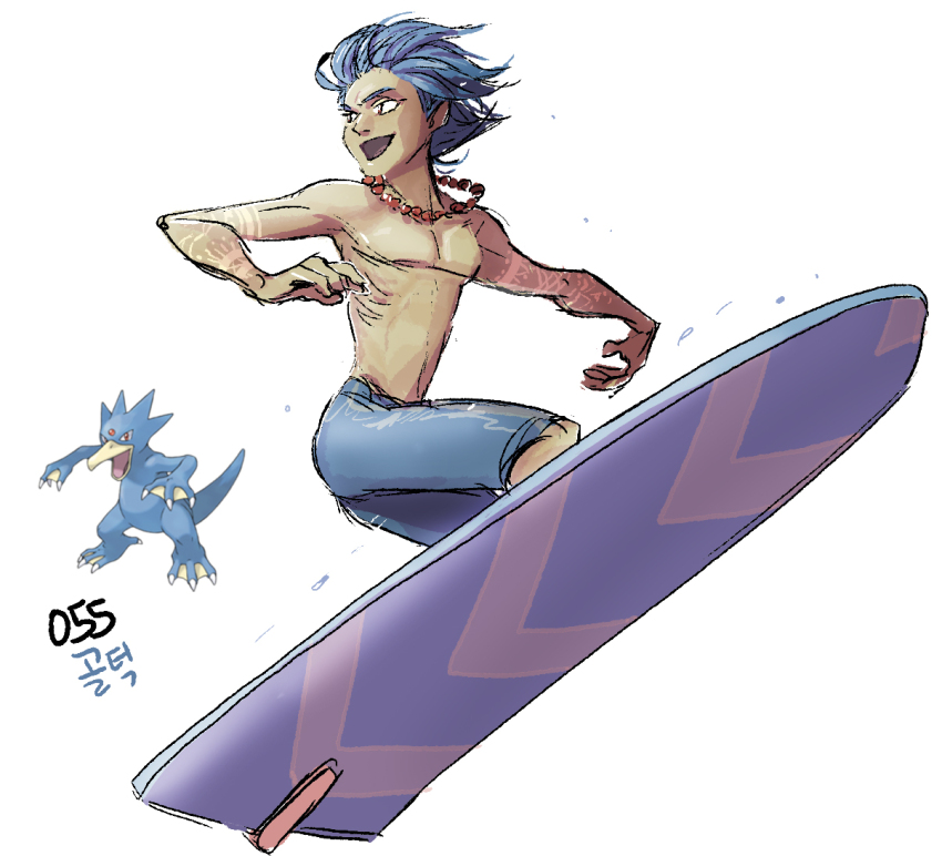 1boy arm_tattoo bead_necklace beads blue_hair blue_male_swimwear blue_swim_trunks gen_1_pokemon golduck jewelry looking_to_the_side male_focus male_swimwear necklace nintendo open_mouth pectorals personification pokemon pokemon_(creature) reference_inset short_hair simple_background surfing swim_trunks tamtamdi tattoo topless_male translated white_background
