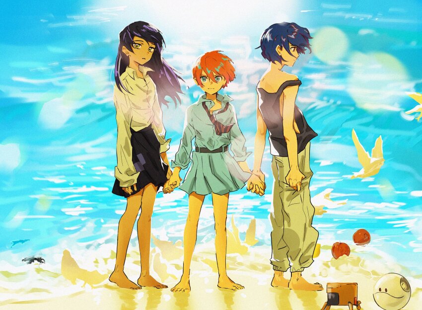 1boy 2girls amate_yuzuriha apple aqua_eyes beach bird blue_hair collared_shirt colored_inner_hair conch_(gundam) day food fruit full_body gundam gundam_gquuuuuux haro highres holding_hands kabi_gq long_hair long_sleeves looking_at_viewer lower_eyelashes_only multicolored_hair multiple_girls necktie non-humanoid_robot nyaan_(gundam_gquuuuuux) outdoors purple_hair red_eyes red_hair robot sand school_uniform shirt short_hair shuji_ito skirt standing tank_top two-tone_hair water yellow_eyes