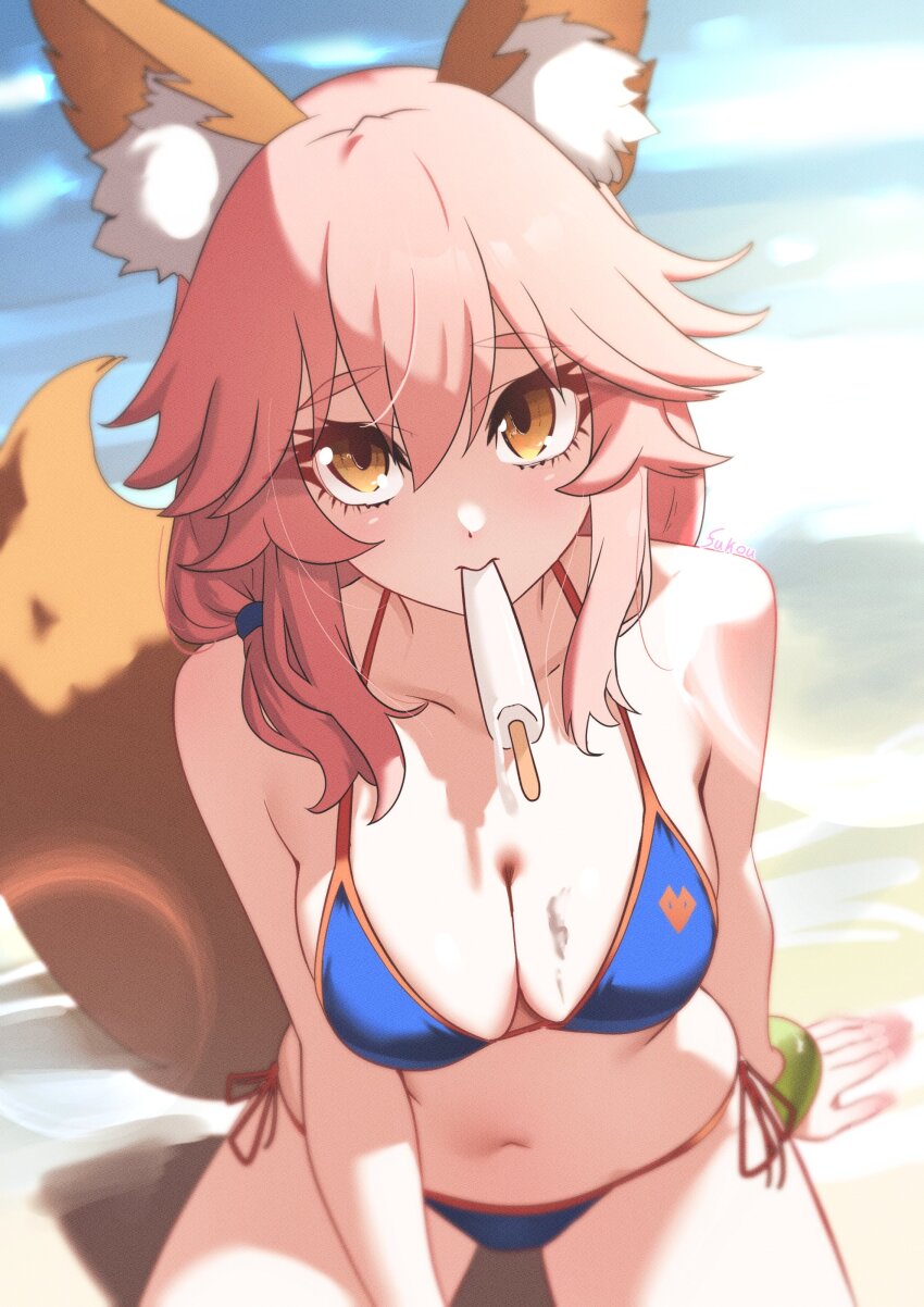 1girl absurdres animal_ear_fluff animal_ears artist_name bare_shoulders beach bikini blue_bikini breasts cleavage commentary fate/grand_order fate_(series) food food_in_mouth fox_ears fox_girl fox_tail fukou highres large_breasts long_hair looking_at_viewer navel ocean orange_eyes outdoors pink_hair popsicle popsicle_in_mouth seiza side-tie_bikini_bottom sitting solo stomach swimsuit tail tamamo_(fate) tamamo_no_mae_(fate) tamamo_no_mae_(swimsuit_lancer)_(fate) thighs
