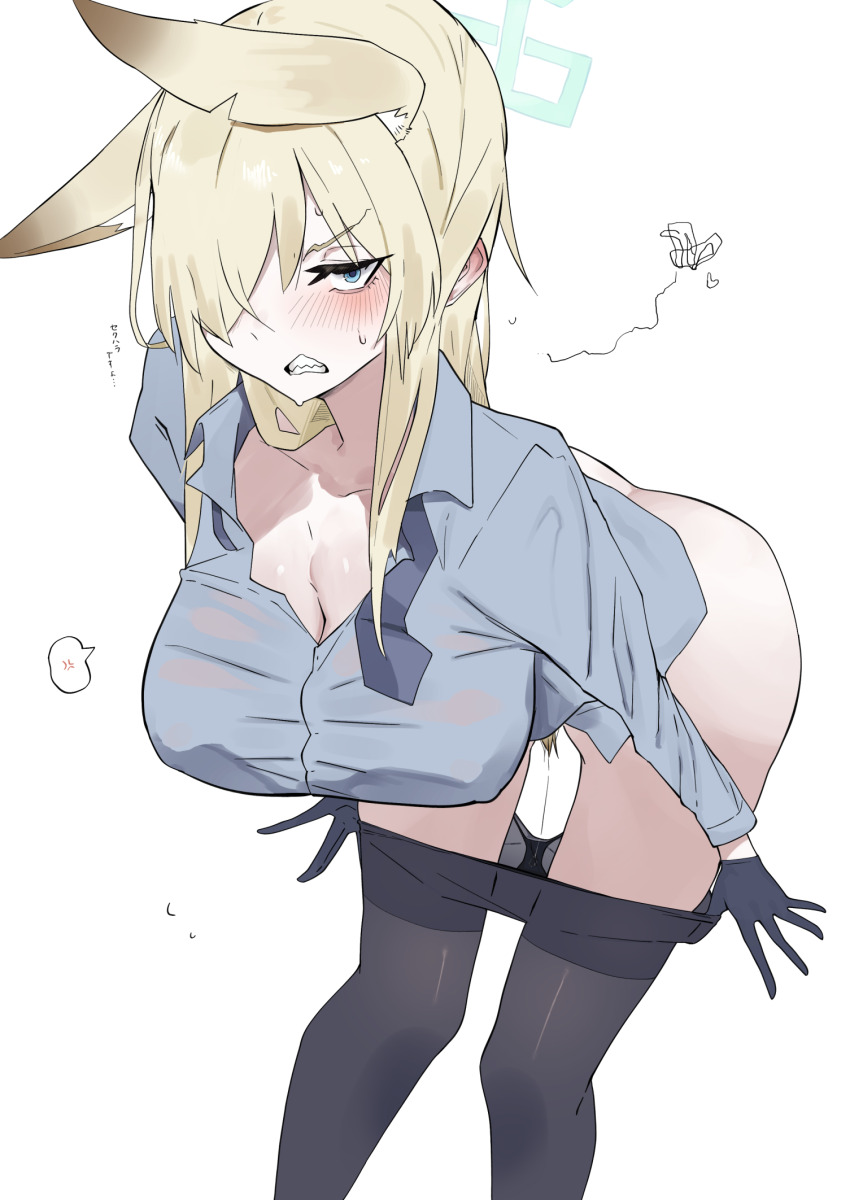 1girl animal_ears ass blonde_hair blue_archive blue_eyes blush breasts cleavage clenched_teeth clothes_pull covered_erect_nipples dog_ears female_pubic_hair hair_over_one_eye halo highres kanna_(blue_archive) large_breasts looking_at_viewer necktie pantyhose pantyhose_pull pubic_hair pussy_juice pussy_juice_trail rottenweiler simple_background solo sweat sweatdrop teeth white_background