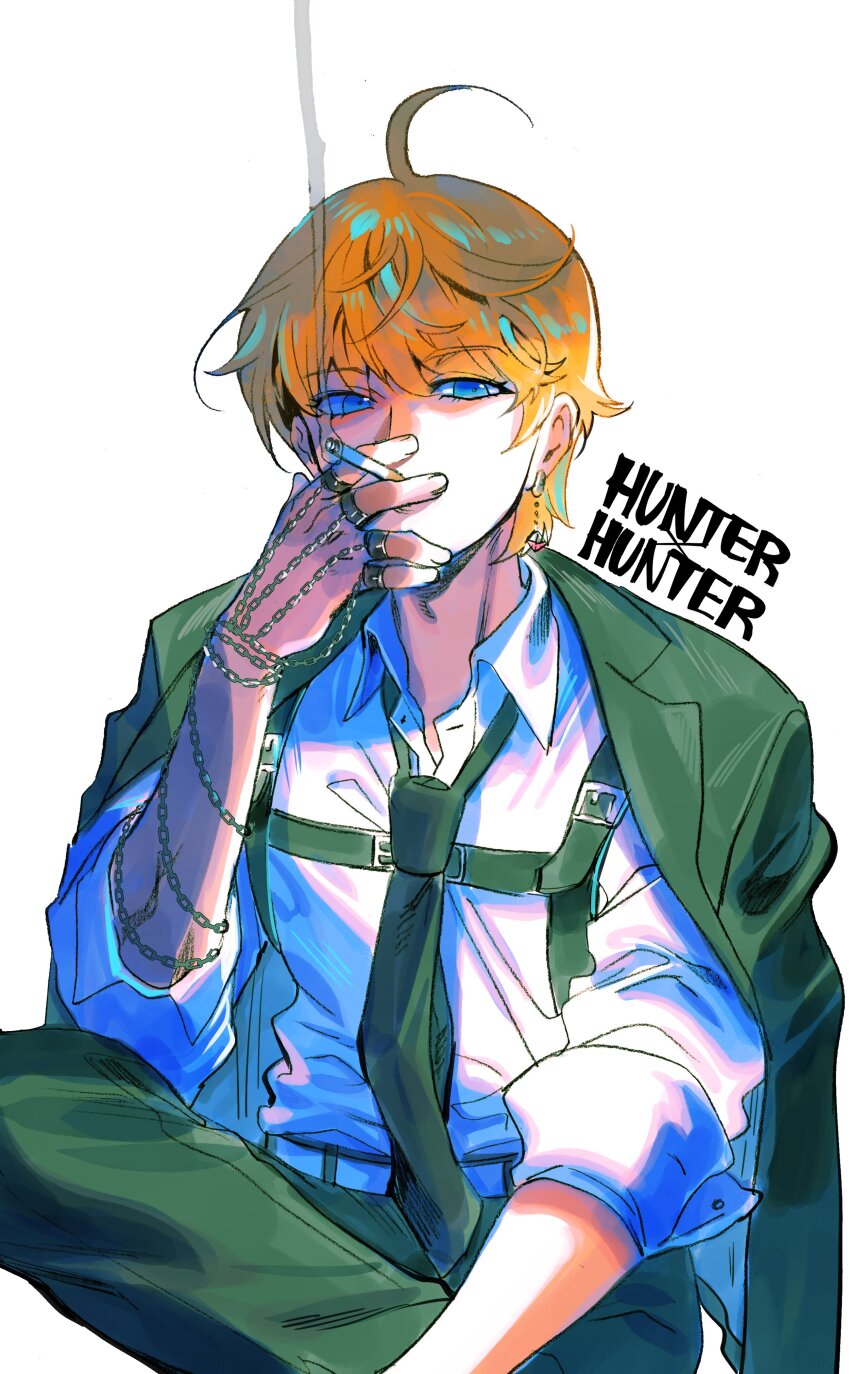 1boy absurdres androgynous bae_(baebae) black_jacket blonde_hair blue_eyes chain chest_harness cigarette copyright_name covering_own_mouth crystal_earrings earrings feet_out_of_frame hand_over_own_mouth harness highres holding holding_cigarette hunter_x_hunter jacket jacket_on_shoulders jewelry kurapika looking_at_viewer male_focus multiple_rings ring short_hair simple_background smoke smoking solo white_background
