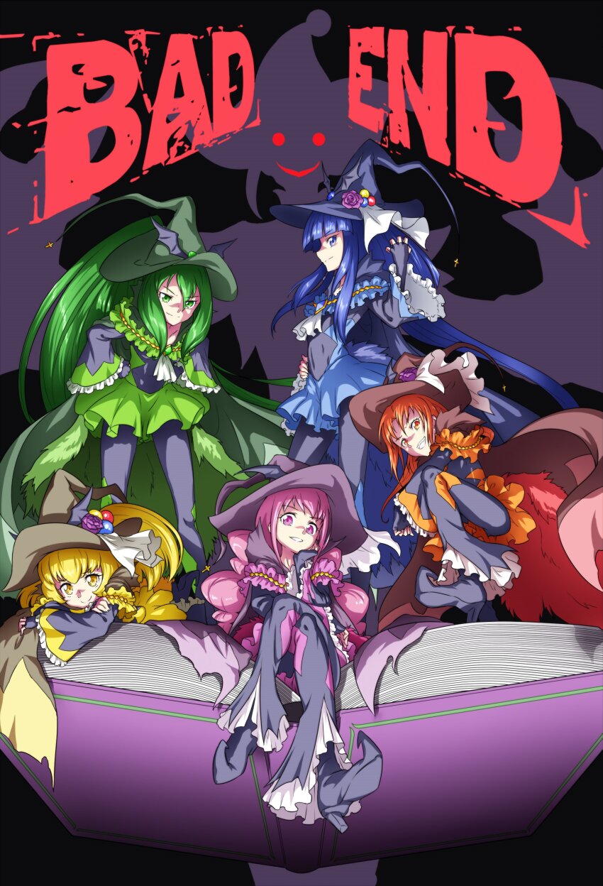 5girls absurdres adapted_costume alternate_costume bad_end_beauty bad_end_happy bad_end_march bad_end_peace bad_end_precure bad_end_sunny black_background black_bodysuit blonde_hair blue_eyes blue_hair bodysuit book cape commentary_request english_text eyelashes green_cape green_eyes green_hair green_headwear happy hat high_heels highres long_hair looking_at_viewer magical_girl mahou_girls_precure! matatabi_(karukan222) multiple_girls open_book orange_eyes orange_hair pink_eyes pink_hair ponytail precure short_hair sitting smile smile_precure! standing witch witch_hat yellow_eyes