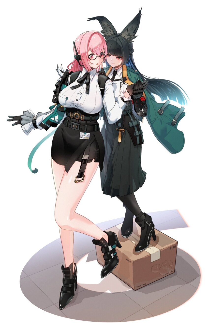 2girls animal_ear_fluff animal_ears armor belt black_belt black_footwear black_gloves black_necktie black_pantyhose black_skirt blunt_bangs blunt_sidelocks boots box breasts closed_mouth commission dress_shirt eye_contact fingerless_gloves fox_ears fox_girl full_body gauntlets glasses gloves green_jacket hair_between_eyes high-waist_skirt high_heels highres holding_hands hoshimi_miyabi jacket large_breasts long_hair looking_at_another multiple_girls necktie on_box open_mouth pantyhose parted_lips pencil_skirt pink_eyes pink_hair red_eyes shadow shirt shoulder_armor sidelocks simple_background single_fingerless_glove skirt smile standing tsukishiro_yanagi white_background white_shirt yoruniyoruyoshi yuri zenless_zone_zero
