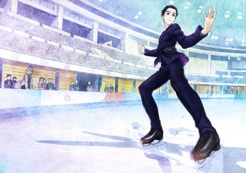 10s 2boys black_hair brown_eyes coat crowd hair_slicked_back ice_skates itou_noriko katsuki_yuuri lanyard male_focus multiple_boys necktie non-web_source official_art silver_hair skates skating_rink viktor_nikiforov yuri!!!_on_ice