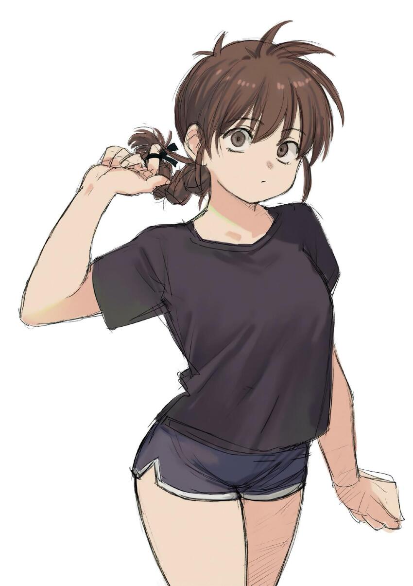 1girl arm_up braid highres ichigaya_sumire legs looking_at_viewer non-web_source rai_rai_rai shirt shorts solo standing t-shirt thighs white_background yoshiaki_kei