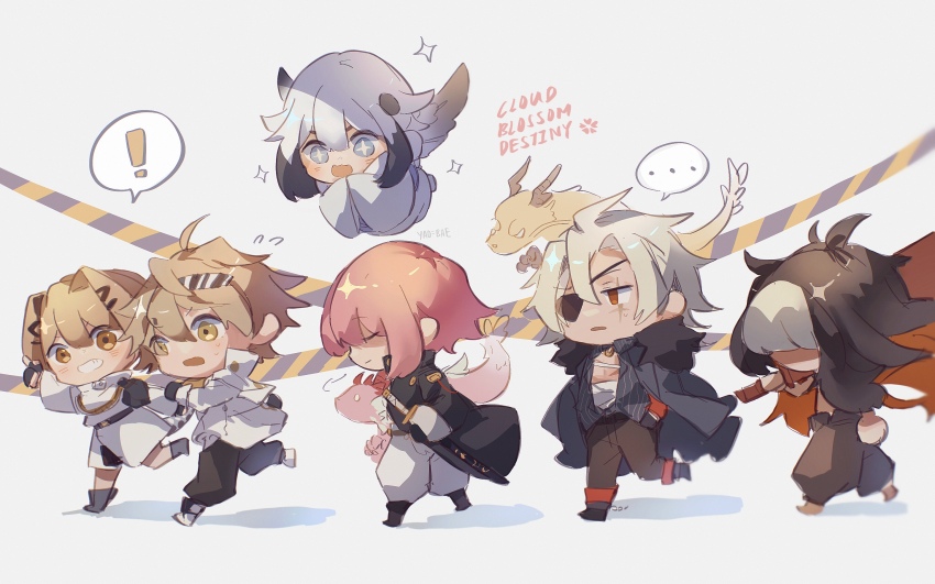 ! ... 3boys 3girls alchemy_stars baggy_pants barefoot black_footwear black_gloves black_hair black_pants blonde_hair blue_eyes blush brown_eyes caution_tape chibi closed_mouth dragon english_text eyepatch flying fur-trimmed_jacket fur_trim gloves grey_hair hair_over_eyes hands_in_pockets highres hiiro_(alchemy_stars) holding holding_sword holding_weapon jacket japanese_clothes kimono long_hair military_jacket military_uniform multicolored_hair multiple_boys multiple_girls navigator_(alchemy_stars) open_mouth pants partially_fingerless_gloves pink_hair red_eyes sanki_(alchemy_stars) scar scar_across_eye scar_on_face shadow short_hair simple_background small_dragon sparkling_eyes spoken_ellipsis spoken_exclamation_mark streaked_hair sweatdrop sword taki_(alchemy_stars) teeth tweety_(alchemy_stars) two-tone_hair vice_(alchemy_stars) walking weapon white_footwear white_hair white_jacket white_kimono white_pants wings yaoyaobae