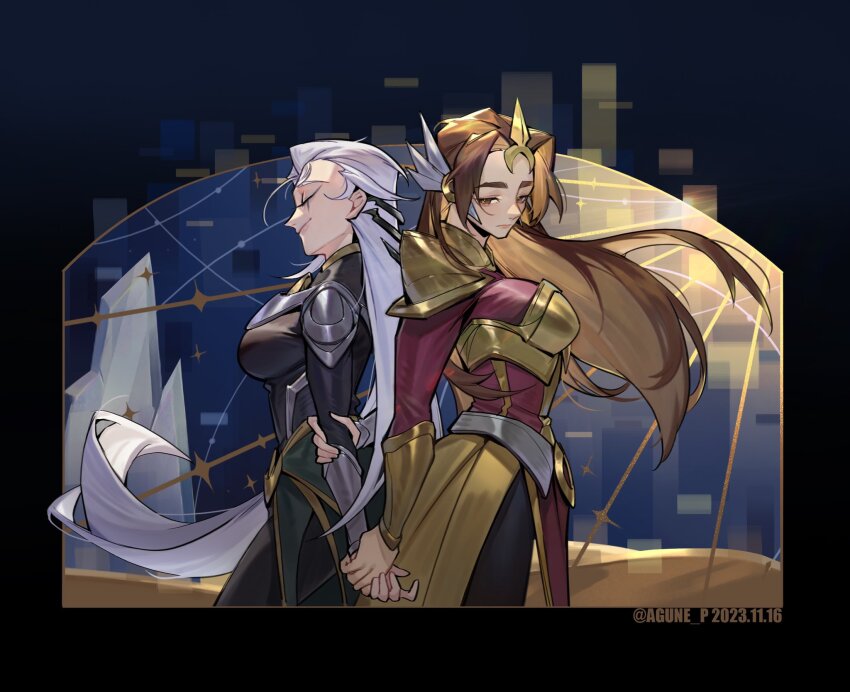 2girls agune_p armor back-to-back black_bodysuit bodysuit breasts brown_eyes brown_hair closed_eyes closed_mouth cowboy_shot dated diana_(league_of_legends) from_side gold_armor grey_hair highres holding_hands large_breasts league_of_legends leona_(league_of_legends) multicolored_background multiple_girls shoulder_plates
