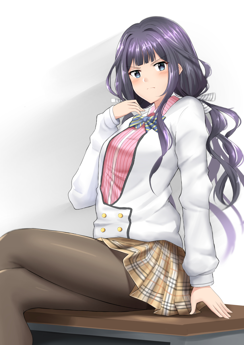 &gt;:( 10s 1girl adagaki_aki arm_support bad_id bad_pixiv_id black_eyes black_hair black_pantyhose blunt_bangs blush bow bowtie closed_mouth desk female_focus from_side frown highres long_hair long_sleeves looking_at_viewer looking_to_the_side low_twintails masamune-kun_no_revenge on_desk pantyhose plaid_clothes plaid_skirt school_uniform sidelocks sitting skirt solo striped_bow striped_bowtie striped_clothes striped_neckwear twintails ucukrtz v-shaped_eyebrows wavy_hair