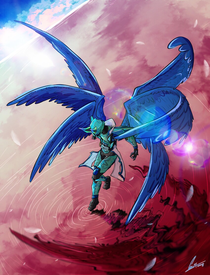 1boy absurdres armor black_bodysuit blue_armor blue_feathers blue_wings bodysuit coat commentary emeruga falling_feathers feathered_wings feathers from_above ghost_driver helmet highres hood hood_down horns kamen_rider kamen_rider_ghost_(series) kamen_rider_specter lens_flare multiple_wings rider_belt ripples signature solo tailcoat tokusatsu white_coat wings