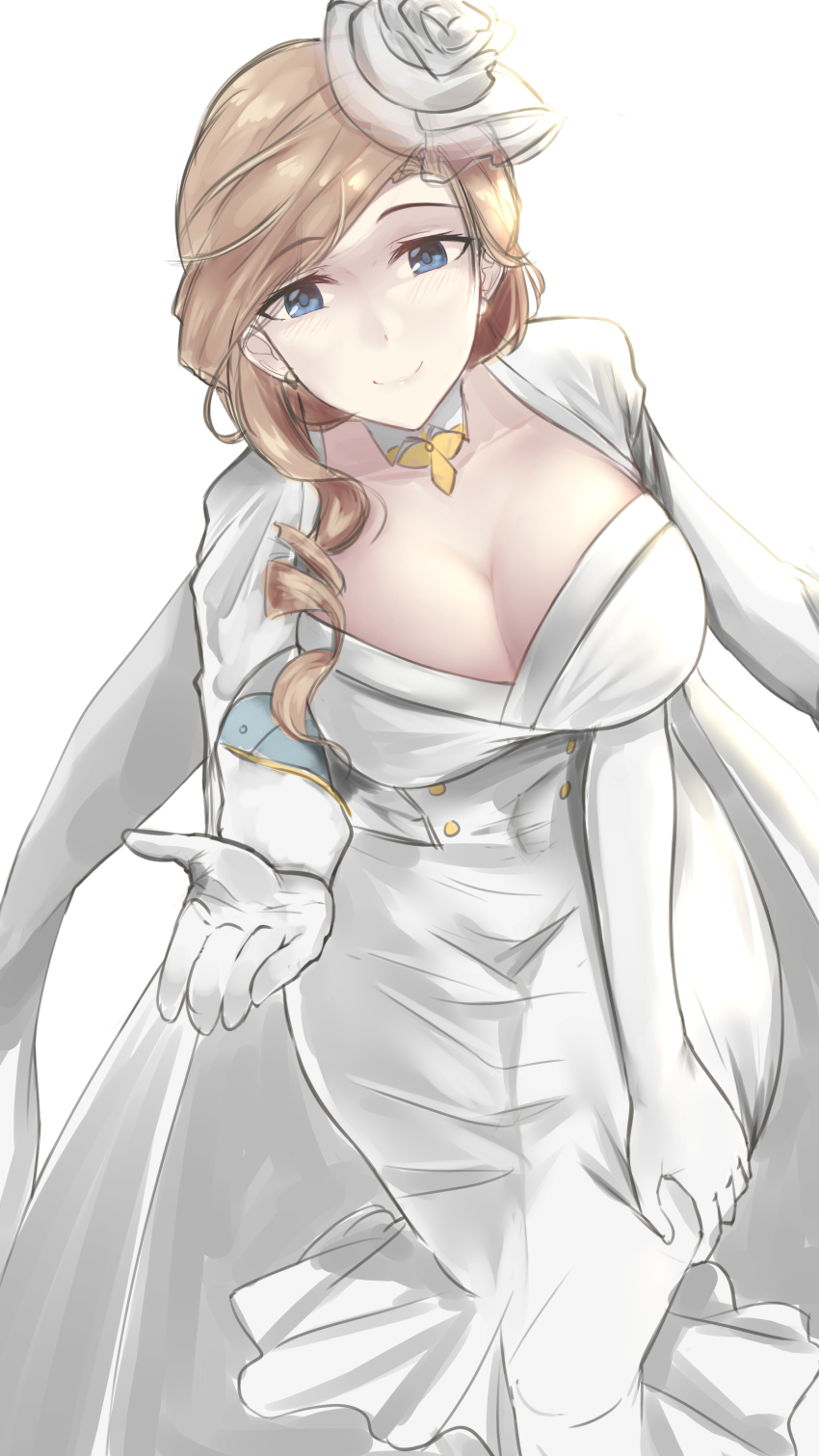 1girl absurdres azur_lane blonde_hair blue_eyes breasts cleavage coat coat_on_shoulders dress elbow_gloves flower gloves hair_over_shoulder highres hood_(azur_lane) hood_(dawnlight&#039;s_dame)_(azur_lane) irkawaza large_breasts long_hair looking_at_viewer official_alternate_costume rose simple_background smile solo white_background white_coat white_dress white_flower white_gloves