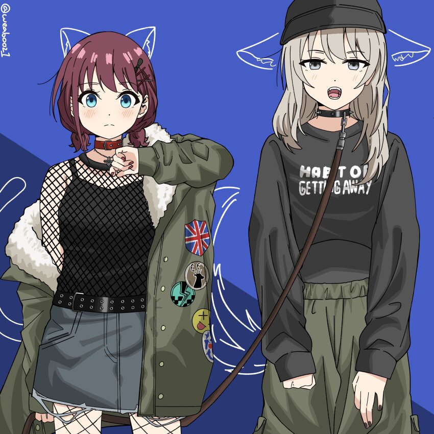 2girls absurdres belt black_belt black_camisole black_collar black_nails black_sweater blue_eyes blue_skirt blush brown_hair camisole closed_mouth collar commentary drawn_ears drawn_tail fishnets girls_band_cry grey_eyes grey_hair hair_ornament hairclip hashtag-only_commentary highres holding holding_leash iseri_nina kawaragi_momoka leash long_hair low_twintails multiple_girls nail_polish open_mouth red_collar red_nails short_hair skirt spiked_collar spikes studded_belt sweater teeth twintails weabooz yuri