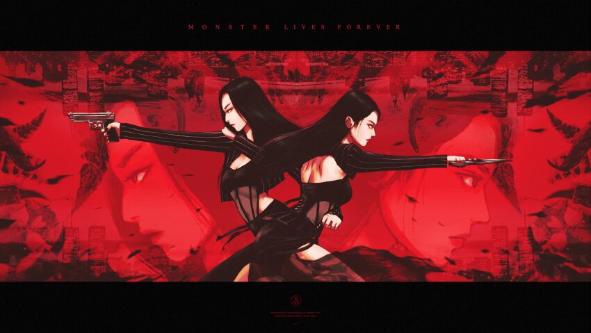2girls black_hair closed_mouth commentary gun highres holding holding_gun holding_weapon irene_(red_velvet) k-pop letterboxed long_hair long_sleeves monster_(red_velvet) multiple_girls multiple_views profile real_life red_velvet_(group) seulgi_(red_velvet) sin_daybreak weapon